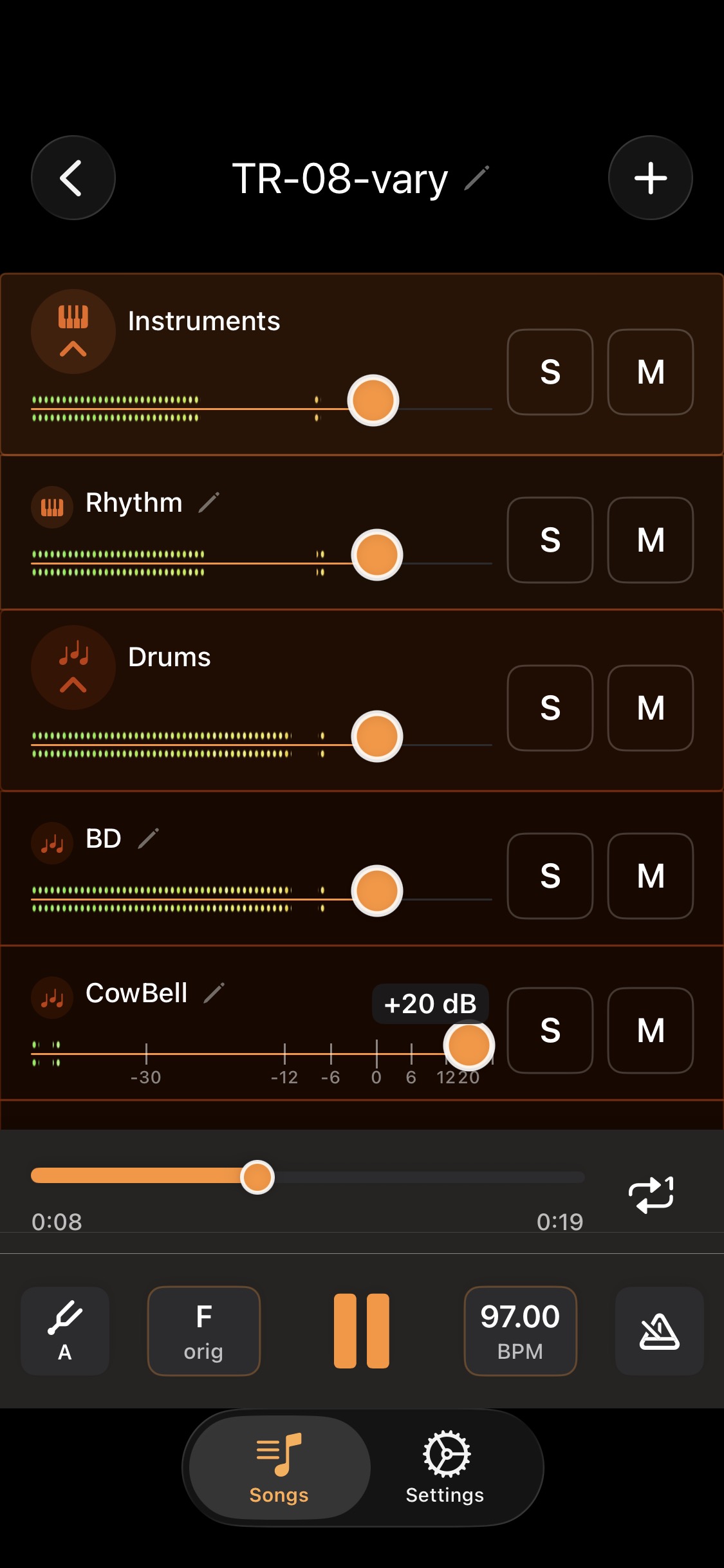 StemMixr mixer on iPhone, CowBell stem pushed to +20 dB.