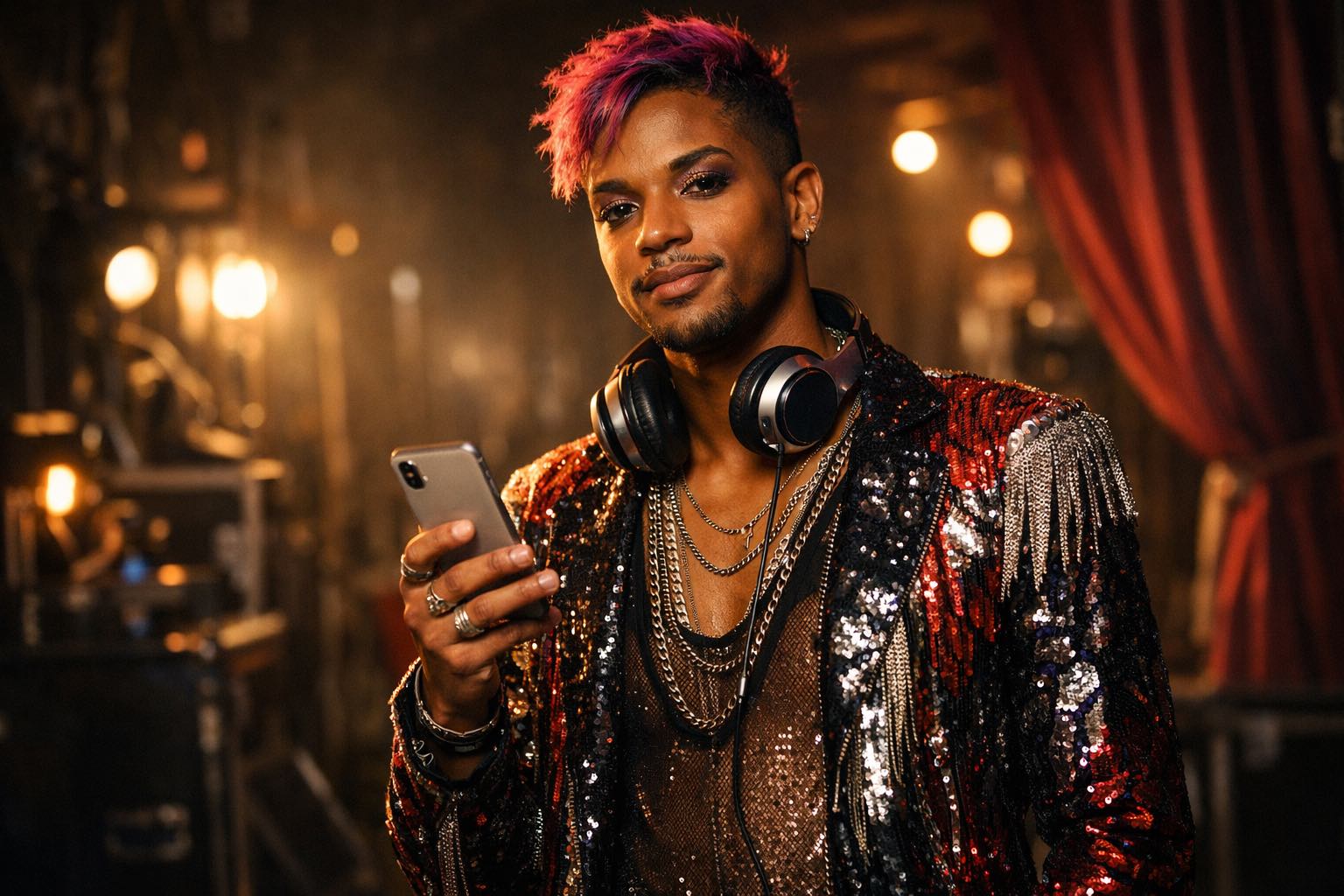 An artist backstage, headphones around their neck, phone in hand, ready to walk on.