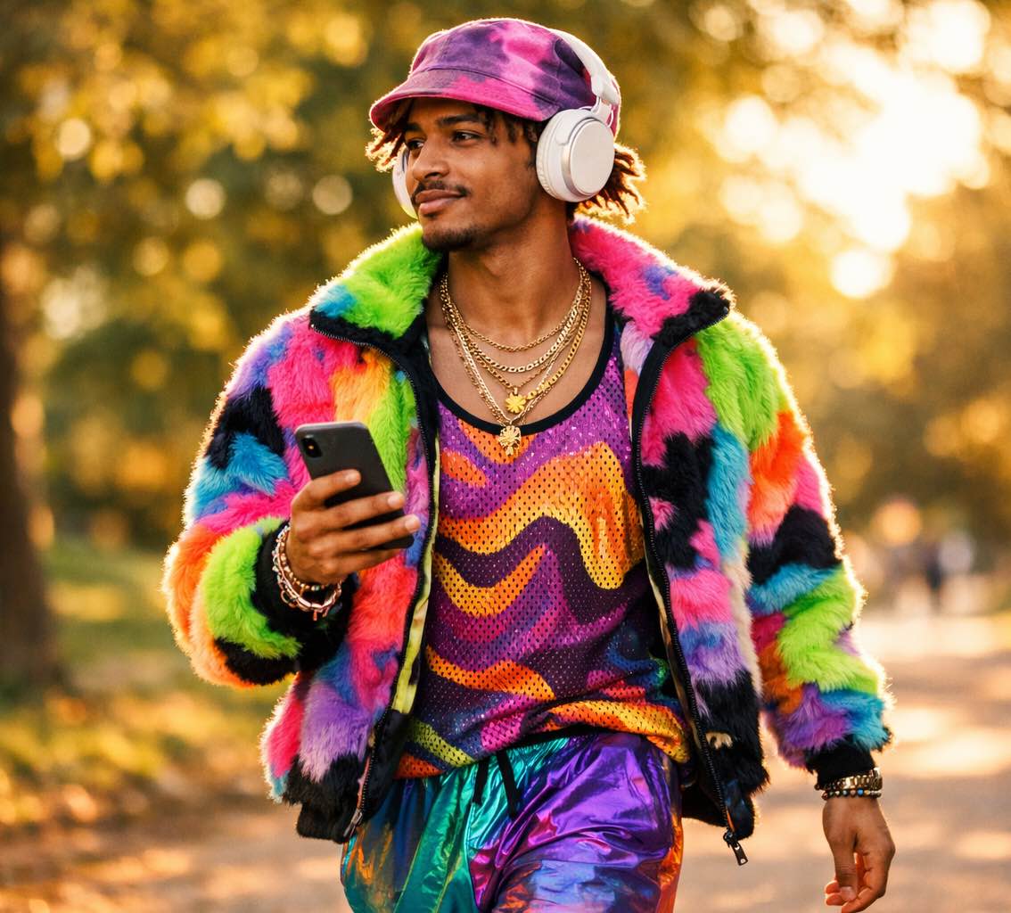 An artist walking through a park at sunset, headphones on, phone in hand.