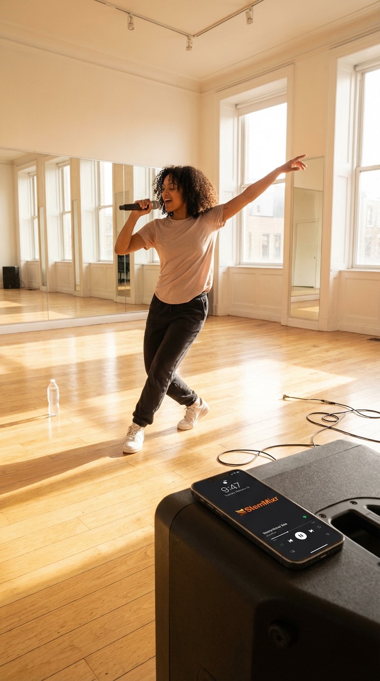 A singer moving in a sunlit rehearsal studio while a phone plays StemMixr from a speaker.